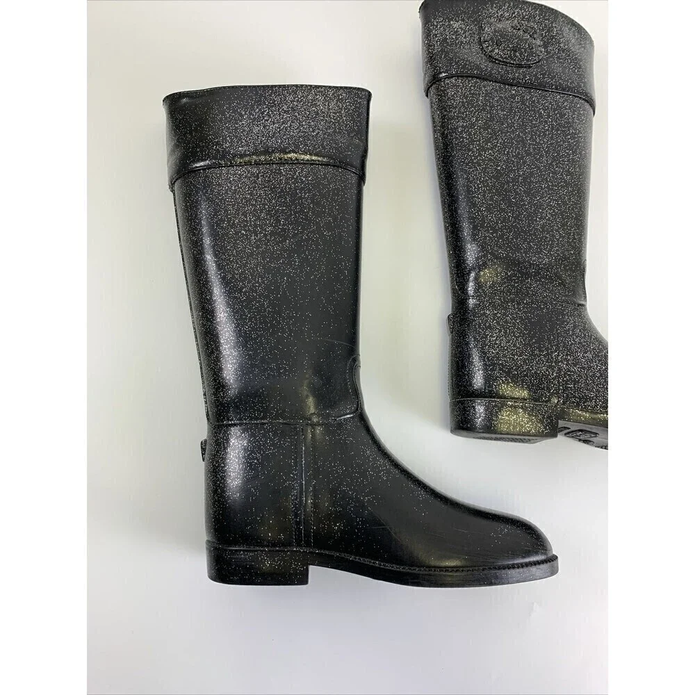 BOGO Hello Kitty Angelina Shimmer Rain Boots Black Glitter Pull On Knee High 6